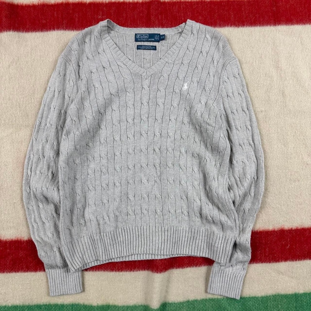 Vintage Polo Ralph Lauren Silk Cable Knit V Neck Sweater Grey Mens Large 90s